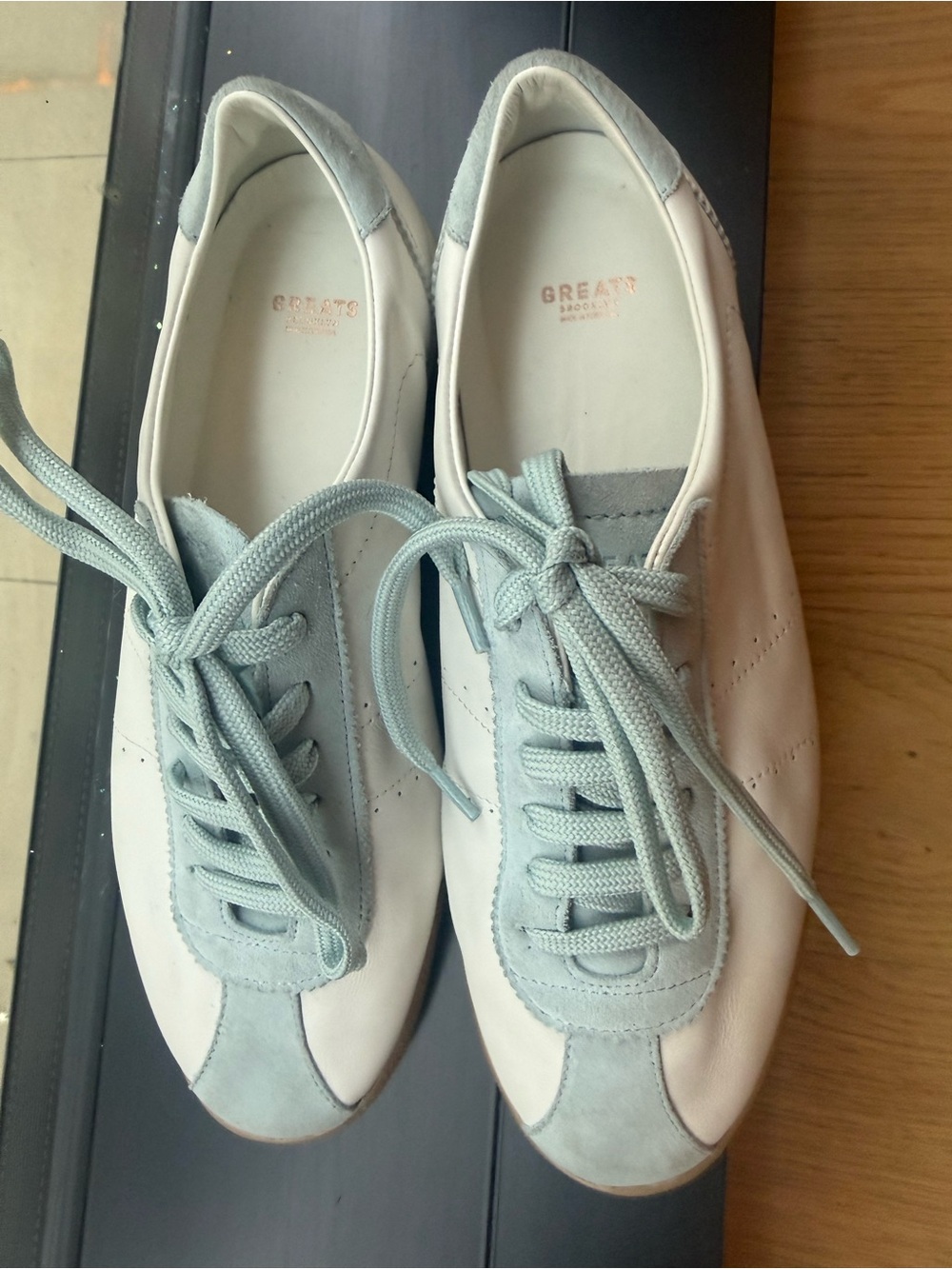Greats White and Light Blue Leather & Suede Low-Top Sneakers